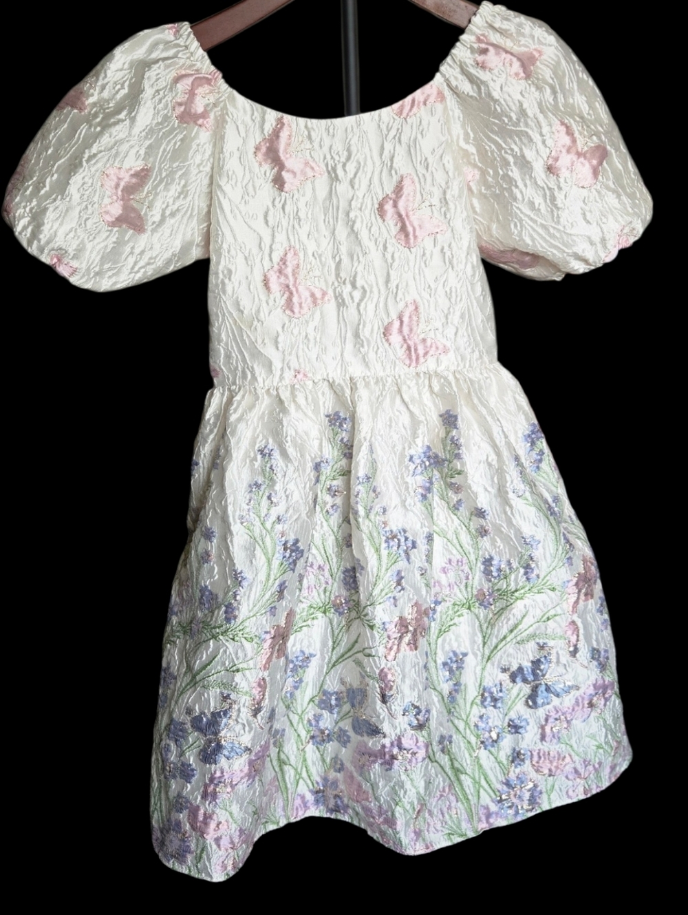 Brocade Eatser Dress Ivory Puff-Sleeves with Butterflies & Floral Embroidery
